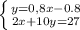 \left \{ {{y=0,8x-0.8} \atop {2x+10y=27}} \right.