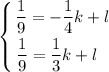 \displaystyle \left \{ {{\dfrac{1}{9} = -\dfrac{1}{4} k + l } \atop {\dfrac{1}{9} = \dfrac{1}{3}k + l \ \ }} \right.