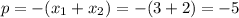 p=-(x_1+x_2)=-(3+2)=-5