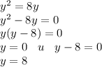 y {}^{2} = 8y \\ y {}^{2} - 8y = 0 \\ y(y - 8) = 0 \\ y = 0 \: \: \: \: u \: \: \: \: y - 8 = 0 \\ \: \: \: \: \: \: \: \: \: \: \: \: \: \: \: \: \: \: \: \: \: y = 8