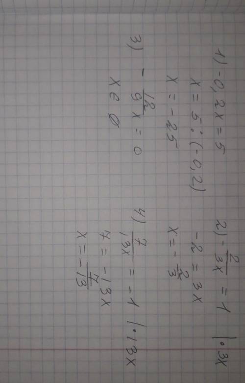 Решите уравнение: 1) -0,2х=5 2) - 2/3 : х = 1 3) х : (-1 2/9)= 0 4) 7/13 : х = -1