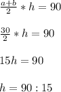 \frac{a + b}{2}*h = 90\\\\\frac{30}{2}*h = 90\\\\ 15h = 90\\\\h = 90 : 15\\\\\\