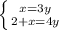 \left \{ {{x=3y} \atop {2+x=4y}} \right.