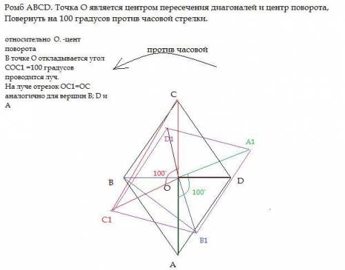 Ромб ABCD. Точка О является центром пересечения диагоналей и центр поворота, Повернуть на 100 градус