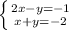 \left \{ {{2x - y = -1} \atop {x + y = -2}} \right.