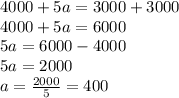 4000+5a=3000+3000\\4000+5a=6000\\5a=6000-4000\\5a=2000\\a=\frac{2000}{5}=400