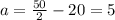 a=\frac{50}{2}-20=5