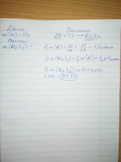 Вычислить массу соли, полученной при взаимодействии 35 г. алюминия с серой.