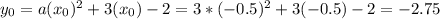 y_{0} =a(x_{0})^{2}+3(x_{0})-2= 3*(-0.5)^{2}+3(-0.5)-2=-2.75