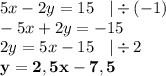 5x - 2y = 15 \: \: \: \: | \div (-1)\\-5x + 2y = -15\\2y = 5x - 15 \: \: \: \: | \div 2\\\bold{y = 2,5x - 7,5}