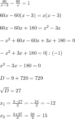 \frac{60}{x-3} - \frac{60}{x} = 1\\\\60x - 60(x-3) = x(x-3)\\\\60x - 60x + 180 = x^2 - 3x\\\\-x^2 + 60x - 60x + 3x + 180 = 0\\\\-x^2 + 3x + 180 = 0|:(-1)\\\\x^2 - 3x - 180 = 0\\\\D = 9 + 720 = 729\\\\\sqrt D = 27\\\\x_1 = \frac{3-27}{2} = -\frac{24}{2} = -12\\\\x_2 = \frac{3+27}{2} = \frac{30}{2} = 15\\\\