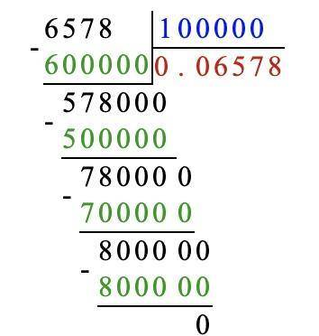 А) 0,1547 : 17; б) 3,6 : 0,08 ; в) 3 : 4. г) 65,78 : 1000 д) 36 : 0,01; е) 0,68 : 0,01 в столбик стр