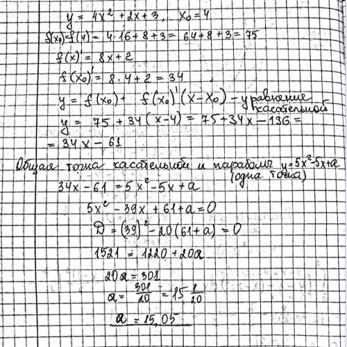 Найди a, при которых касательная к параболе y=4x²+2x+3 в точке x0=4 является касательной к параболе