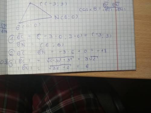 Вершини трикутника містяться в точках B(0;0),N(6;0),C(-3;3).Знайдіть косинус кута