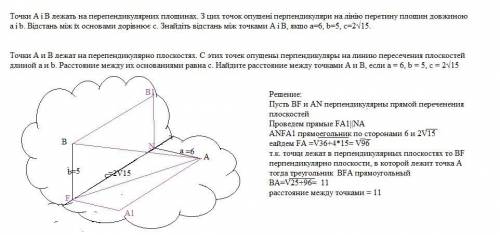 Точки A і B лежать на перепендикулярних площинах. З цих точок опущені перпендикуляри на лінію перети