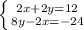 \left \{ {{2x+2y=12} \atop {8y-2x=-24}} \right.