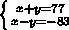 Найдите два числа, сумма которых равна 77, а разность – 83. Решить с системы уравнений.