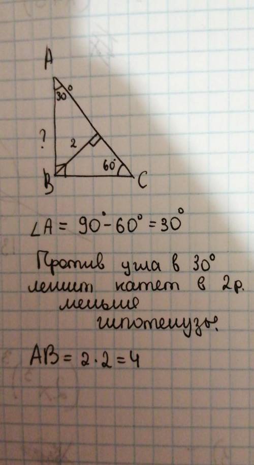 1.В треугольнике АВС <С = 60, <В = 90. Высота BD равна 2 см. Найдите АВ.