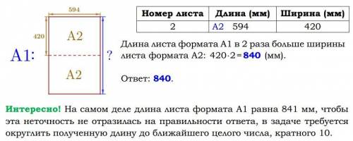 Найдите длину листа бумаги формата А1. ответ дайте в миллиметрах и округлите до ближайшего целого чи