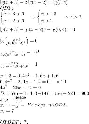 \lg(x+3)-2\lg(x-2)=\lg(0,4)\\OD3:\\\begin{cases}x+30\\x-20\end{cases}\Rightarrow\begin{cases}x-3\\x2\end{cases}\Rightarrow x2\\\\\lg(x+3)-\lg(x-2)^2-\lg(0,4)=0\\\\\lg\left(\frac{x+3}{0,4(x-2)^2}\right)=0\\\\\frac{x+3}{0,4(x^2-4x+4)}=10^0\\\\\frac{x+3}{0,4x^2-1,6x+1,6}=1\\\\x+3=0,4x^2-1,6x+1,6\\0,4x^2-2,6x-1,4=0\;\;\;\;\times10\\4x^2-26x-14=0\\D=676-4\cdot4\cdot(-14)=676+224=900\\x_{1,2}=\frac{26\pm30}8\\x_2=-\frac12\;-\;He\;nogx.\;no\;OD3.\\x_2=7\\\\OTBET:\;7.