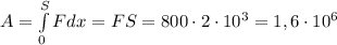 \[A = \int\limits_0^S {Fdx} = FS = 800 \cdot 2 \cdot 10^3 = 1,6 \cdot 10^6 \]