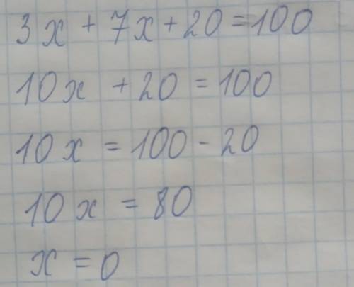 Реши уравнение:3х + 7х + 20 = 100.​