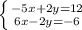 \left \{ {{-5x + 2y = 12} \atop {6x - 2y = -6}} \right.