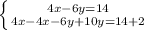 \left \{ {{4x - 6y = 14} \atop {4x - 4x - 6y + 10y = 14 + 2}} \right.