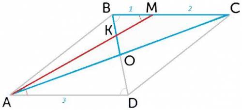 На стороне BC параллелограмма ABCD отмечена точка M так, что BM в 2 раза меньше МС. Отрезки BD и АМ