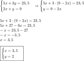 \begin{cases}5x+3y=23,5\\2x+y=9\end{cases}\Rightarrow\begin{cases}5x+3\cdot(9-2x)=23,5\\y=9-2x\end{cases}\\\\\\5x+3\cdot(9-2x)=23,5\\5x+27-6x=23,5\\-x=23,5-27\\-x=-3,5\\x=3,5\\\\\boxed{\begin{cases}x=3,5\\y=2\end{cases}}