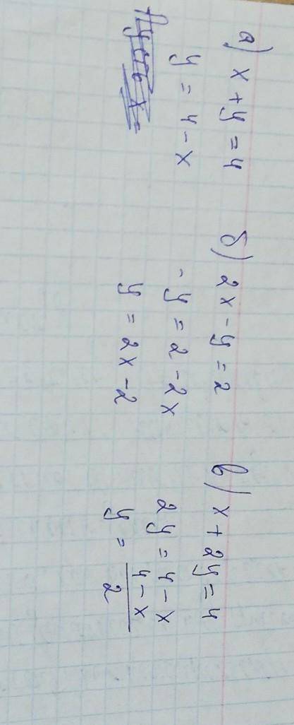 Выразить переменную у через переменную х из уравнения: а) х + у = 4; б) 2х - у = 2; в) х + 2у = 4; П