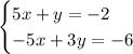 \begin{cases}5x+y=-2\\-5x+3y=-6\end{cases}