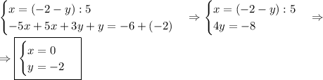 \begin{cases}x=(-2-y):5\\-5x+5x+3y+y=-6+(-2)\end{cases}\Rightarrow\begin{cases}x=(-2-y):5\\4y=-8\end{cases}\Rightarrow\\\\\Rightarrow\boxed{\begin{cases}x=0\\y=-2\end{cases}}