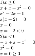 1) x\geq 0\\x+x+x^2=0\\x^2+2x=0\\x(x+2)=0\\x=0\\x=-2