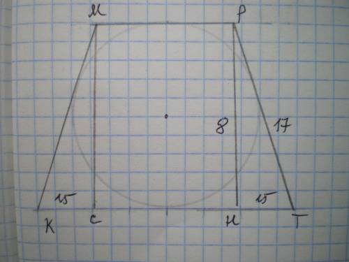 Диаметр окружности равен 8см. Около неё описана равнобедренная трапеция, боковая сторона которой 17с