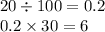 20 \div 100 = 0.2 \\ 0.2 \times 30 = 6