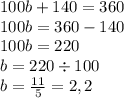 100b + 140 = 360 \\ 100b = 360 - 140 \\ 100b = 220 \\ b = 220 \div 100 \\ b = \frac{11}{5} = 2,2