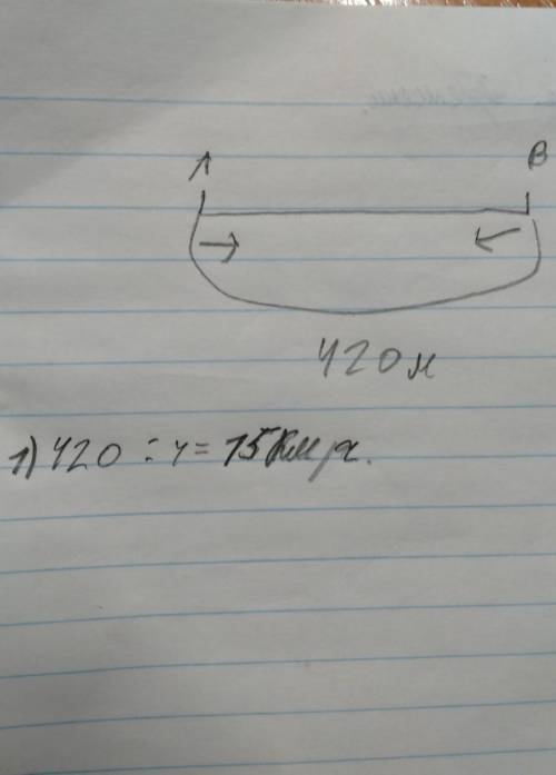 Из города А и В расстояние между которыми равно 420 м навстречу друг другу одновременно выехали два