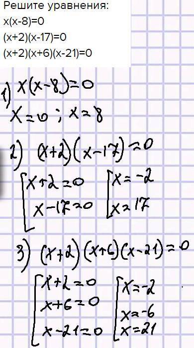 Решите уравнения:х(х-8)=0(х+2)(х-17)=0(х+2)(х+6)(х-21)=0​