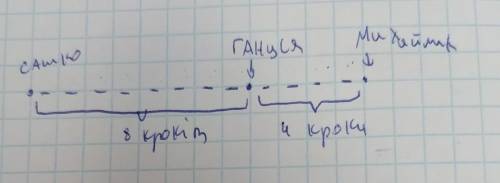 Гануся стоїть на доріжці між Сашком і Михайлом. Від Сашкамдо Ганусі 8 кроків. А від Сашка до Михайли