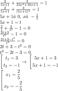 \frac{2}{5x + 1} + \frac{3}{25 {x}^{2} + 10x + 1} = 1 \\ \frac{2}{5x + 1} + \frac{3}{(5x + 1) {}^{2} } = 1 \\ 5x + 1≠0, \: x≠ - \frac{1}{5} \\ 5x + 1 = t \\ \frac{2}{t} + \frac{3}{ {t}^{2} } - 1 = 0 \\ \frac{2t+ 3 }{ {t}^{2} } - 1 = 0 \\ \frac{2t + 3 - {t}^{2} }{ {t}^{2} } = 0 \\ 2t + 3 - {t}^{2} = 0 \\ {t}^{2} - 2t - 3 = 0 \\ \left[ \begin{gathered} t_{1} = 3 \\ t_{2} = - 1 \end{gathered} \right. \rightarrow \: \left[ \begin{gathered} 5x + 1 = 3 \\ 5x + 1 = - 1 \end{gathered} \right. \\ \left[ \begin{gathered} x_{1} = \frac{2}{5} \\ x_{2} = - \frac{2}{5} \end{gathered} \right.