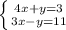 \left \{ {{4x+y=3} \atop {3x-y=11}} \right.