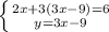 \left \{ {{2x+3(3x-9)=6} \atop {y=3x-9}} \right.