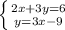 \left \{ {{2x+3y=6} \atop {y=3x-9}} \right.