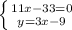 \left \{ {{11x-33=0} \atop {y=3x-9}} \right.