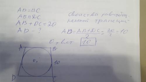 В равнобедренную трапецию вписана окружность, сумма ее оснований равна 20 . Найдите боковую сторону