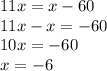 11x=x-60\\11x-x=-60\\10x=-60\\x=-6