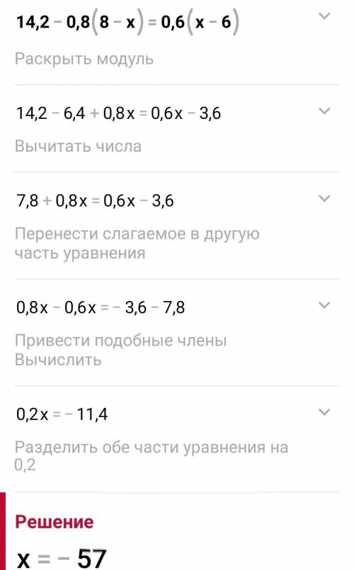 Найдите корень уравнения. 14,2-0,8(8-х)=-0,6(х-6)