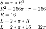 S=\pi *R^2\\R^2=256\pi :\pi =256\\R=16\\L=2*\pi *R\\L=2*\pi *16=32\pi