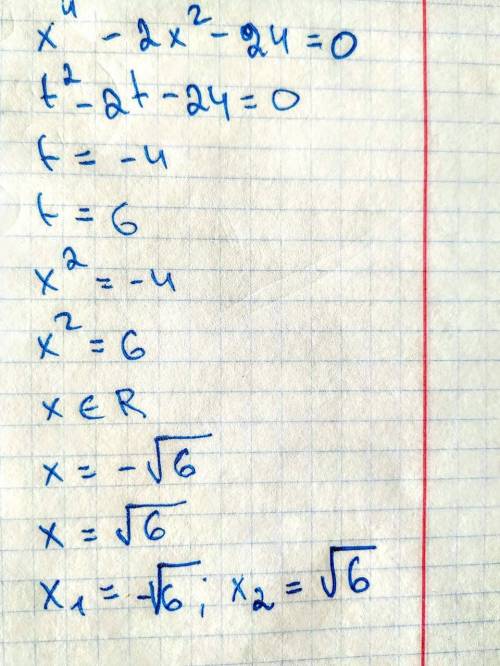 X⁴-2x² - 24=0 квадратний корень